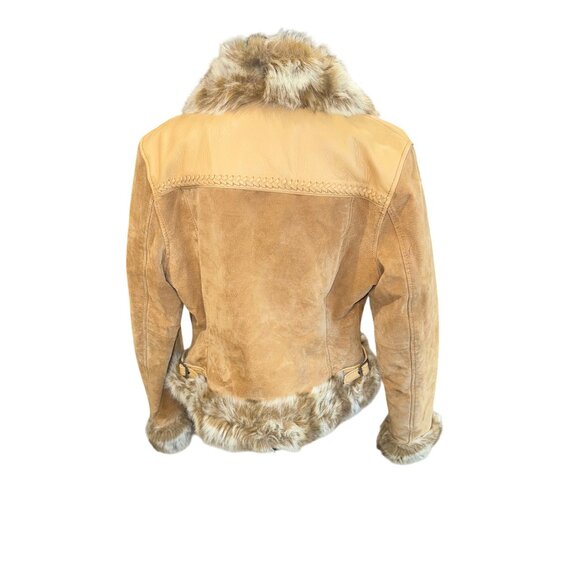 Vintage Cripple Creek Penny Lane Tan Suede Leather Jacket Faux Fur Y2K Western - Picture 2 of 9